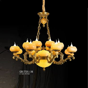 S - CĐ 7731/16: Đèn chùm đồng, chao đá 16 tay - KT: Ø920mm x H780mm - Bóng đèn nến E14 x 16 bóng + Đèn LED