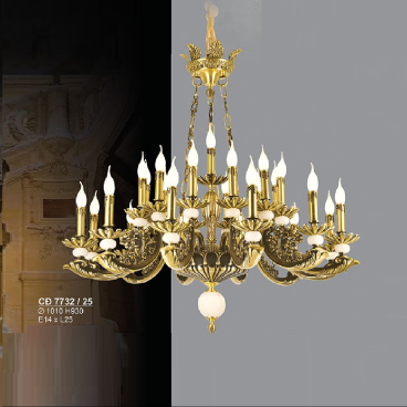 S - CĐ 7732/25: Đèn chùm đồng nến  25 tay - KT: Ø1010mm x H930mm - Bóng đèn E14 x 25 bóng