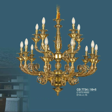S - CĐ 7734/10+5: Đèn chùm đồng 15 tay - KT: Ø970mm x H900mm - Bóng đèn E14 x 15 bóng