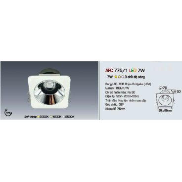 AFC 775/1 LED 7W: Đèn LED âm trần chiếu điểm 7W - KT: 88mm x 88mm x  H50mm - Lổ khoét: Ø75mm - Ánh sáng vàng/trung tính/trắng