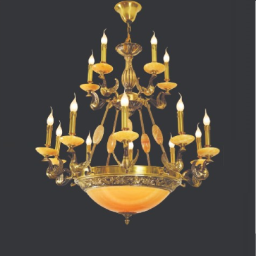 E - CD - 776/10+5: Chùm đồng 15 tay, chao đá - KT: Ø900mm x H900mm - Bóng đèn chân  E14 x 15 bóng + E27 x 3 bóng