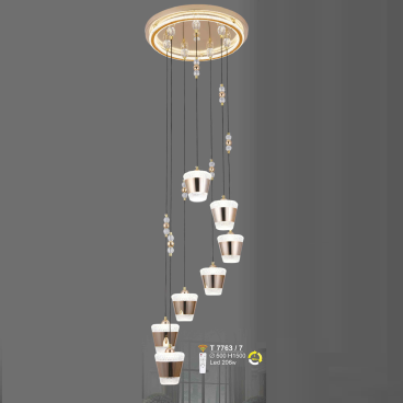 T 7763/7: Đèn thả LED 7 bóng - KT: Ø500mm x H1500mm - Đèn LED 206W đổi 3 màu
