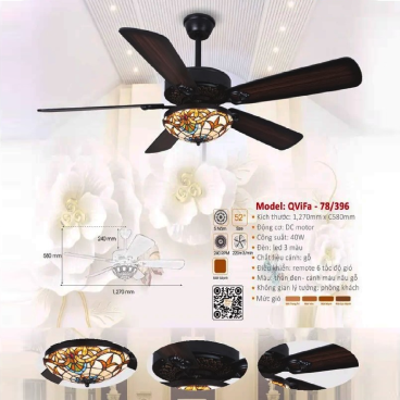 QViFa - 78/396: Quạt trần đèn 5 cánh gỗ