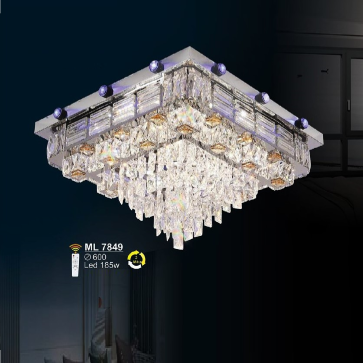 S - ML - 7849: Đèn áp trần vuông LED Thủy tinh phale - KT: L600mm x W600mm  - Đèn LED 185W đổi 3 màu - Remote