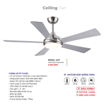 MODEL - Q79: Quạt trần đèn 5 cánh gỗ Plywood