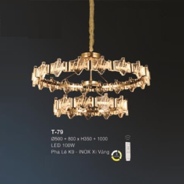 E - T - 79: Đèn thả  2 vòng LED - KT: (Ø500mm x Ø800mm) x H350mm x H1000mm - Đèn LED 100W - Ánh sáng đổi 3 màu