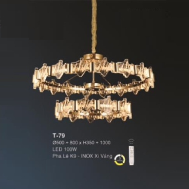 E - T - 79: Đèn thả  2 vòng LED - KT: (Ø500mm x Ø800mm) x H350mm x H1000mm - Đèn LED 100W - Ánh sáng đổi 3 màu