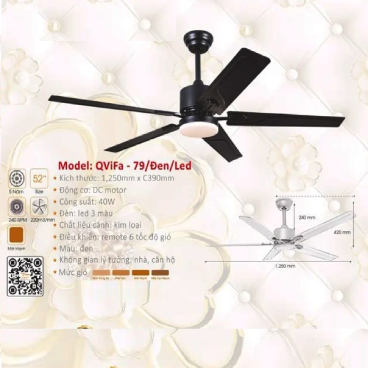QViFa - 79/Đen/LED:  Quạt trần đèn LED 5 cánh kim loại