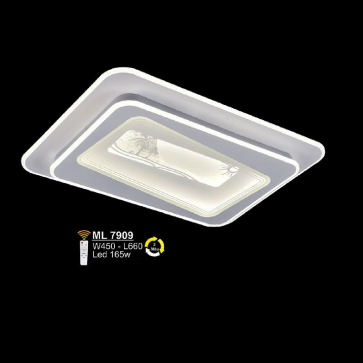 SN - ML 7909: Đèn áp trần LED Mica chữ nhật - KT: L660mm x W450mm - Đèn LED 165W - Ánh sáng đổi 3 màu - Remote