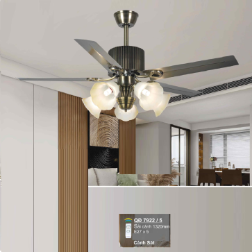 QD 7922/5: Quạt trần đèn 5 cánh sắt, chao đèn thủy tinh