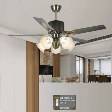 QD 7922/5: Quạt trần đèn 5 cánh sắt, chao đèn thủy tinh