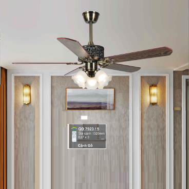 QD 7923/5: Quạt trần đèn 5 cánh gỗ, chao đèn thủy tinh