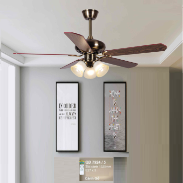 QD 7924/5: Quạt trần đèn 5 cánh gỗ, chao đèn thủy tinh