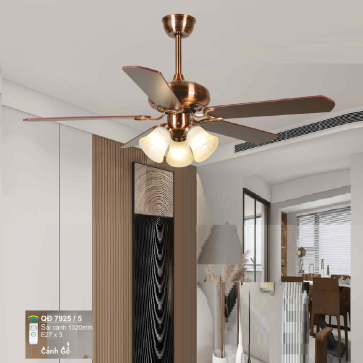 QD 7925/5: Quạt trần đèn 5 cánh gỗ, chao đèn thủy tinh