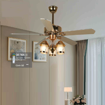 QD 7926/5: Quạt trần đèn 5 cánh gỗ, chao đèn thủy tinh