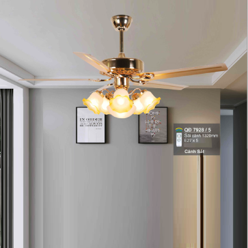 QD 7928/5: Quạt trần đèn 5 cánh sắt, chao đèn thủy tinh