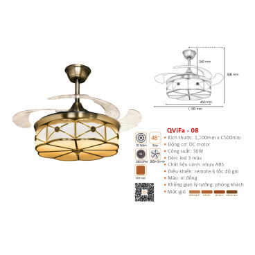 QVifa - 08: Quạt trần đèn LED  cánh nhựa, màu xi đồng