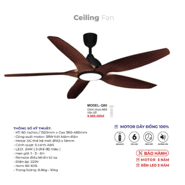 MODEL - Q.80: Quạt trần đèn 5 cánh nhựa ABS