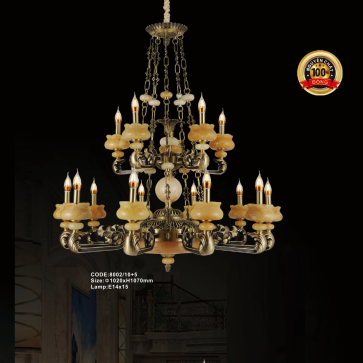 CODE: 8002/10+5: Đèn chùm đồng chao đá 15 tay - KT: Ø1020mm x H1070mm - Bóng đèn E14 x 15 bóng