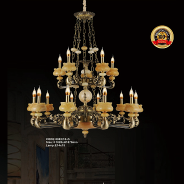 CODE: 8002/10+5: Đèn chùm đồng chao đá 15 tay - KT: Ø1020mm x H1070mm - Bóng đèn E14 x 15 bóng