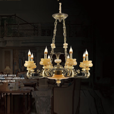 CODE: 8002/8: Đèn chùm đồng chao đá 12 tay - KT: Ø820mm x H800mm - Bóng đèn E14 x 8 bóng