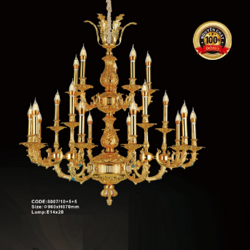 CODE: 8007/10+5+5: Đèn chùm đồng nến 20 tay - KT: Ø960mm x H870mm - Bóng đèn nến E14 x 20 bóng