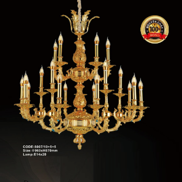 CODE: 8007/10+5+5: Đèn chùm đồng nến 20 tay - KT: Ø960mm x H870mm - Bóng đèn nến E14 x 20 bóng