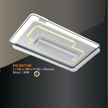 V- ĐQ - 80716D: Đèn áp trần  chữ nhật + Quạt- KT: L1100mm x W700mm x H150mm - Đèn LED đổi 3 màu + Motor quạt 30W
