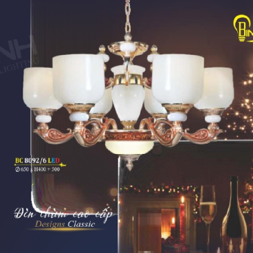 BM - BC 8092/6 LED: Đèn chùm 6 tay - KT: Ø650mm x H400mm + 500mm - Bóng đèn chân E14 x 6 bóng + Đèn LED