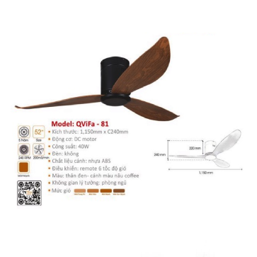 QViFa - 81: Quạt trần  3 cánh Nhựa gắn sát trần
