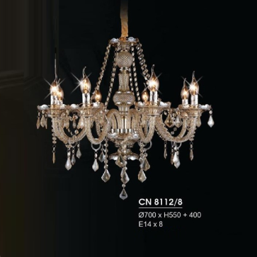 HF - CN 8112/8: Đèn chùm 8 tay - KT: Ø700mm x H550mm + 400mm - Bóng đèn E14 x 8 bóng