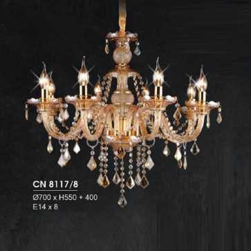 HF - CN 8117/8: Đèn chùm 8 tay - KT: Ø700mm x H550mm + 400mm - Bóng đèn E14 x 6 bóng