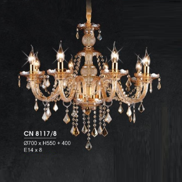 HF - CN 8117/8: Đèn chùm 8 tay - KT: Ø700mm x H550mm + 400mm - Bóng đèn E14 x 6 bóng