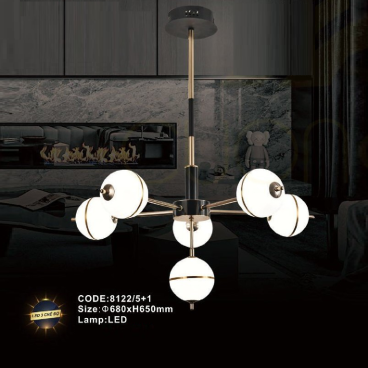 CODE: 8122/5+1: Đèn chùm LED 6 tay - KT: Ø680mm x H650mm - Đèn LED đổi 3 màu