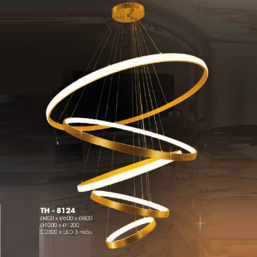 TH - 8124: Đèn thả 5 vòng LED - KT: Ø(400+ 600 + 800 + 1000 + 1200)mm x H2200mm - Đèn LED đổi 3 màu