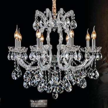 HF - CN 8127/8: Đèn chùm phale nến 8 tay - KT: Ø720mm x H580mm + 400mm - Bóng đèn nến chân E14 x 8 bóng