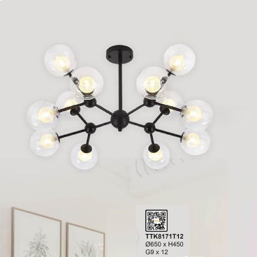 TTK8171T12: Đèn chùm 12 bóng chao quả bi - KT: Ø650mm x H450mm - Bóng đèn LED G9 x 12 bóng