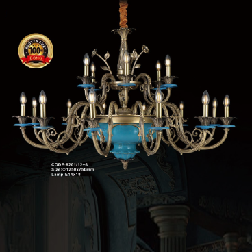CODE: 8201/12+6: Đèn chùm đồng 18 tay - KT: Ø1250mm x H750mm - Bóng đèn E14 x 18 bóng
