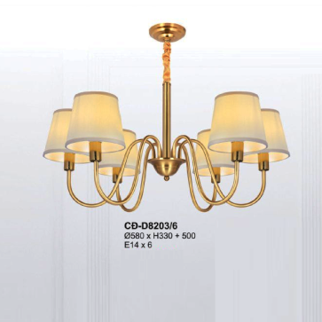 A - CĐ - D8203/6: Đèn chùm đồng 6 tay chao vải - KT: Ø580mm x H330mm +500mm - Bóng đèn E14 x 6 bóng