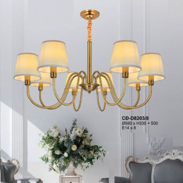 A - CĐ - D8203/8: Đèn chùm đồng 8 tay chao vải - KT: Ø680mm x H330mm + 500mm - Bóng đèn E14 x 8 bóng