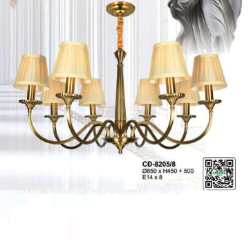 A - CĐ - D8205/8: Đèn chùm đồng 8 tay chao vải - KT: Ø850mm x H450mm + 500mm - Bóng đèn E14 x 8 bóng