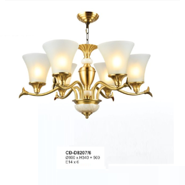A - CĐ - D8207/6: Đèn chùm đồng 6 tay chao thủy tinh - KT: Ø600mm x H340mm + 500mm - Bóng đèn E14 x 6 bóng