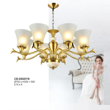 A - CĐ - D8207/8: Đèn chùm đồng 6 tay chao thủy tinh - KT: Ø700mm x H340mm + 500mm - Bóng đèn E14 x 8 bóng