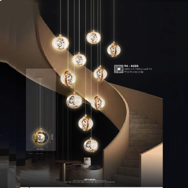 TH - 8225: Đèn thả LED chao quả bi 10 bóng - KT: Ø400mm x H1500mm - Đèn LED x 10 bóng