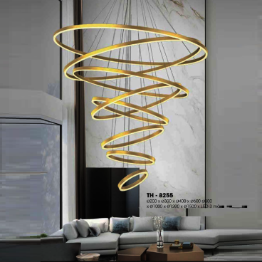 TH - 8255: Đèn thả 8 vòng LED  - KT: Ø(200+300+400+600+800+100+1200+1500)mm  x H2500mm - Đèn LED đổi 3 màu