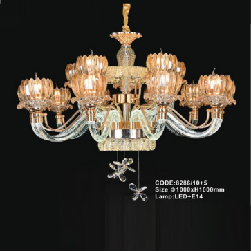CODE: 8286/10+5: Đèn chùm 15 tay chao thủy tinh - KT: Ø1000mm x H1000mm - Bóng đèn E14 x 15 bóng + Đèn LED