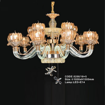 CODE: 8286/10+5: Đèn chùm 15 tay chao thủy tinh - KT: Ø1000mm x H1000mm - Bóng đèn E14 x 15 bóng + Đèn LED