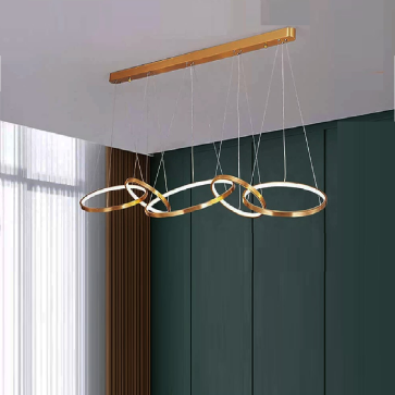 TH - 8307: Đèn thả ngang 5 vòng LED, Thân Inox xi vàng - KT: L1400mm x Ø(400+300+ 500+300+400)mm x Đèn LED đổi 3 màu