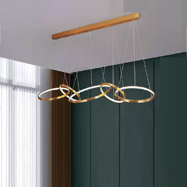 TH - 8307: Đèn thả ngang 5 vòng LED, Thân Inox xi vàng - KT: L1400mm x Ø(400+300+ 500+300+400)mm x Đèn LED đổi 3 màu