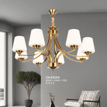 A - CH - 8323/8: Đèn chùm 8 tay chao thủy tinh - KT: Ø800mm x H440mm + 500mm - Bóng đèn E14 x 8 bóng